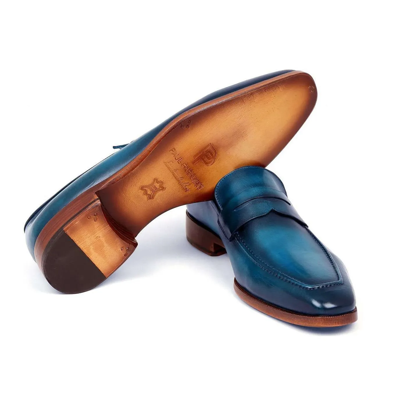 Paul Parkman Handmade Designer Shoes Men's Penny Loafers Blue & Turquoise Calf-skin Leather Loafers (PM5653)