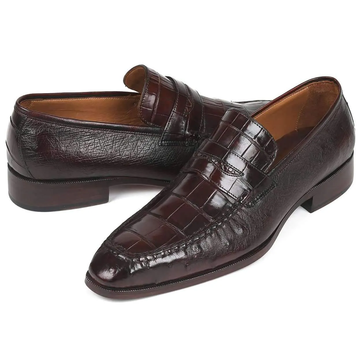 Paul Parkman Men's Brown Crocodile & Ostrich Penny Loafers 19CR11-BRW (PM6106)