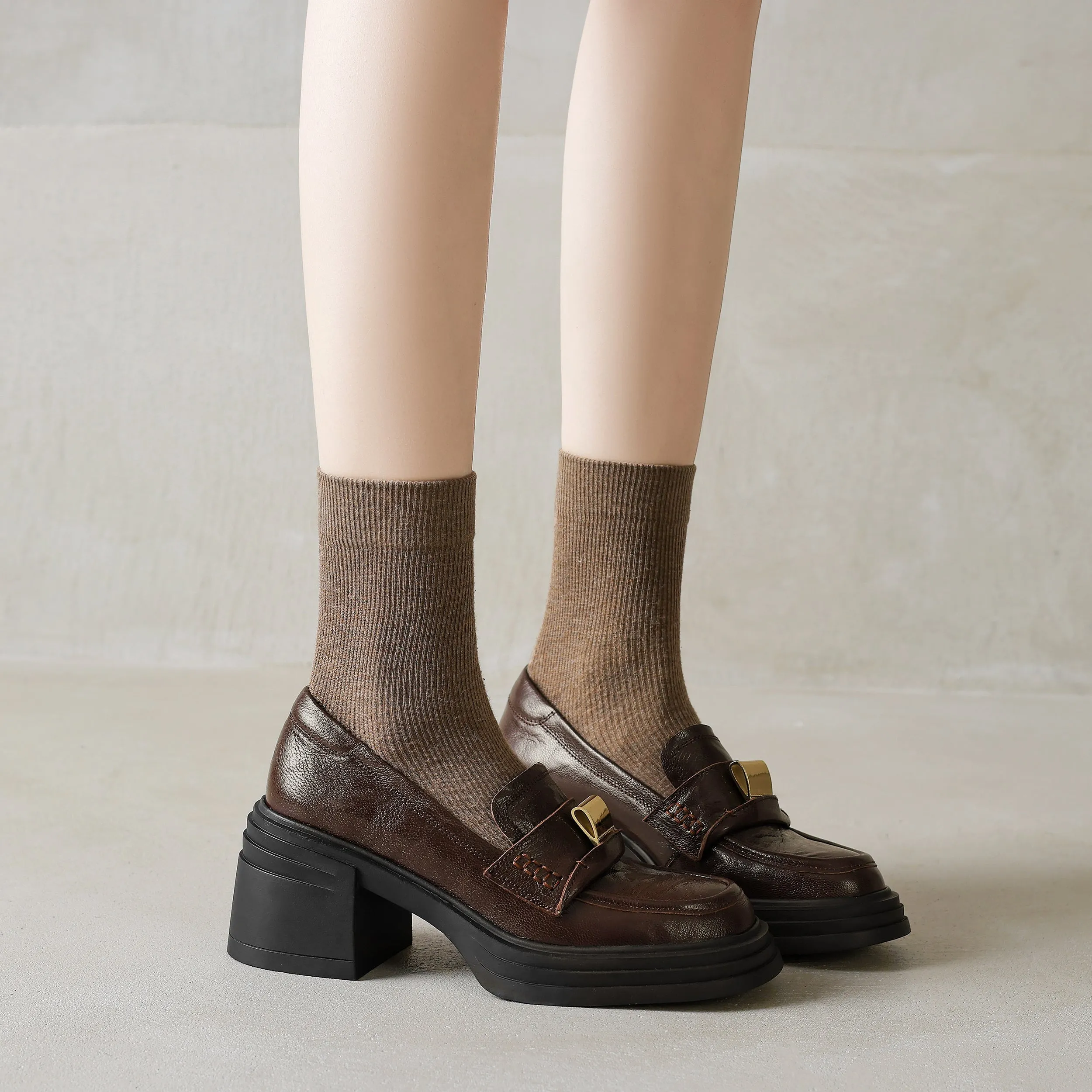 Retro Round-Toe 65mm Block Heel Sheepskin Penny Loafers with Metal Decoration Brown/Black
