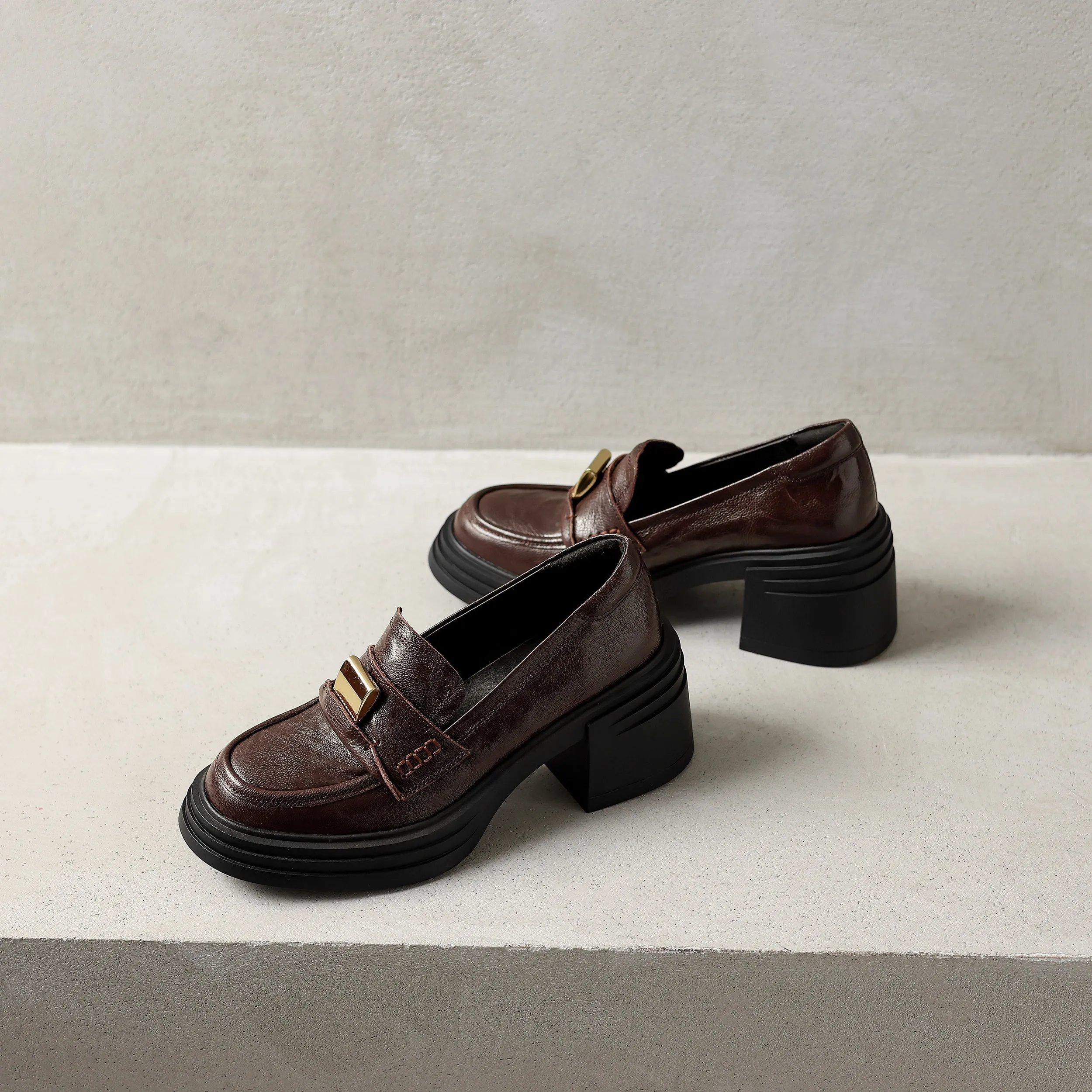 Retro Round-Toe 65mm Block Heel Sheepskin Penny Loafers with Metal Decoration Brown/Black