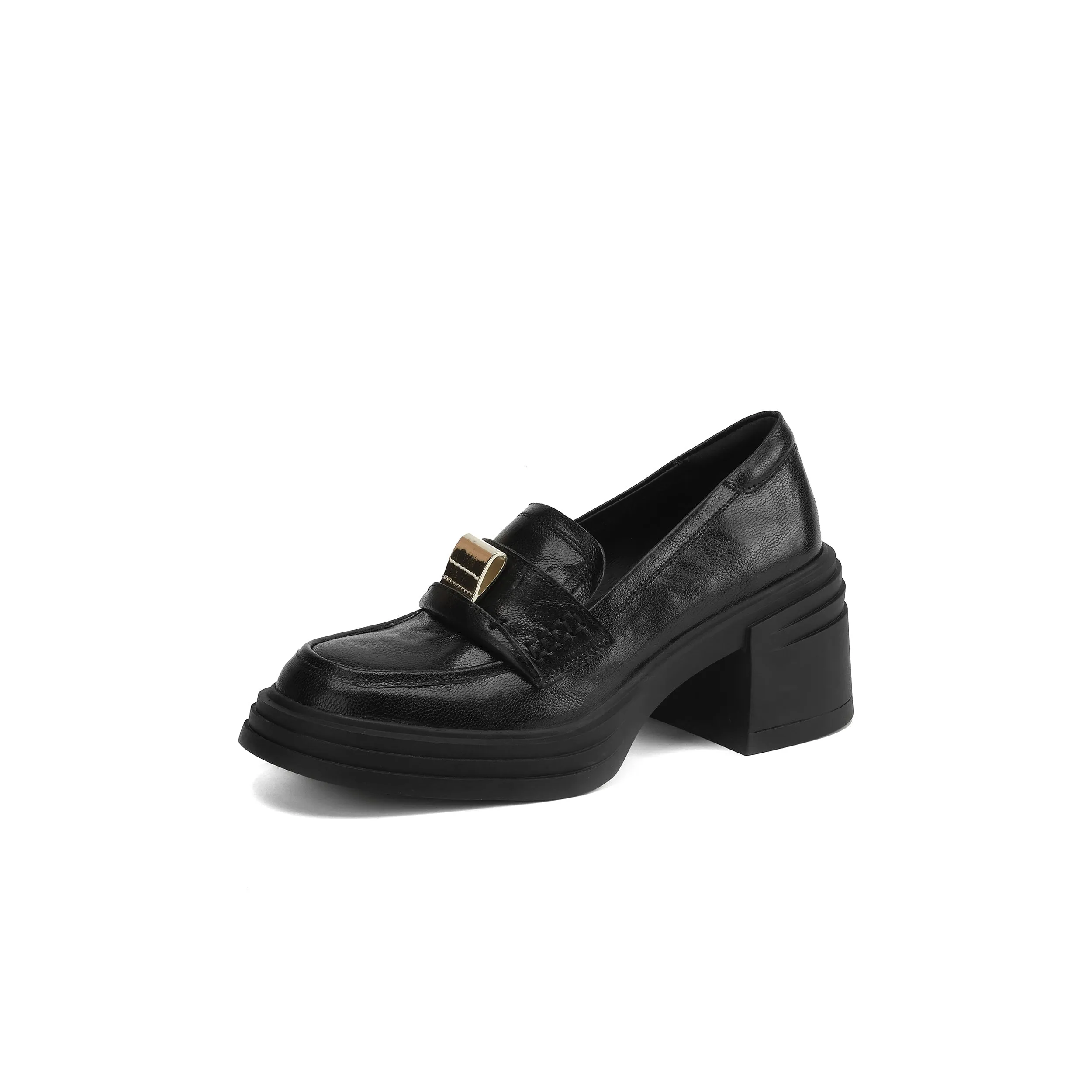 Retro Round-Toe 65mm Block Heel Sheepskin Penny Loafers with Metal Decoration Brown/Black