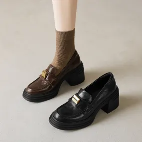 Retro Round-Toe 65mm Block Heel Sheepskin Penny Loafers with Metal Decoration Brown/Black