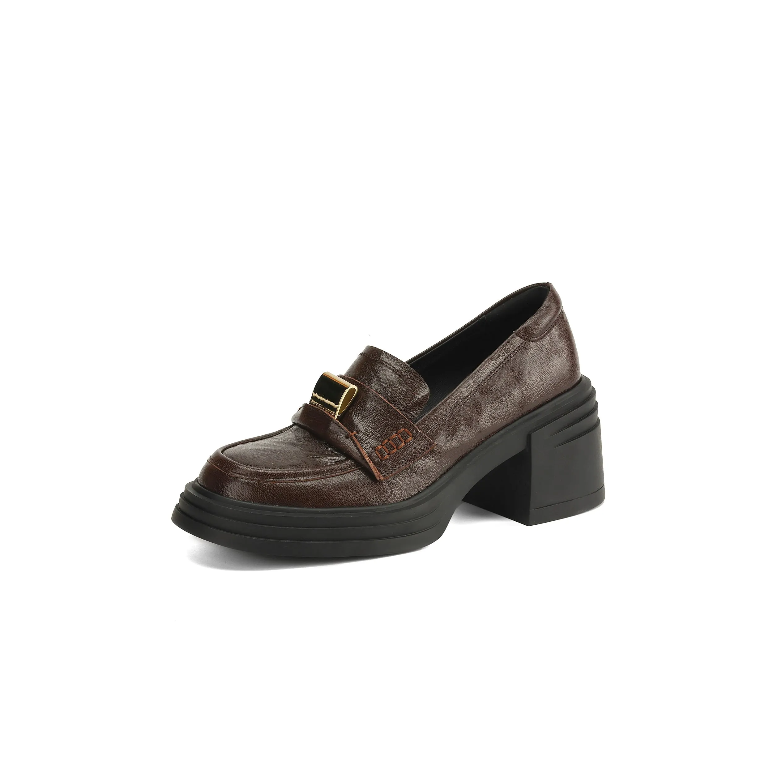 Retro Round-Toe 65mm Block Heel Sheepskin Penny Loafers with Metal Decoration Brown/Black