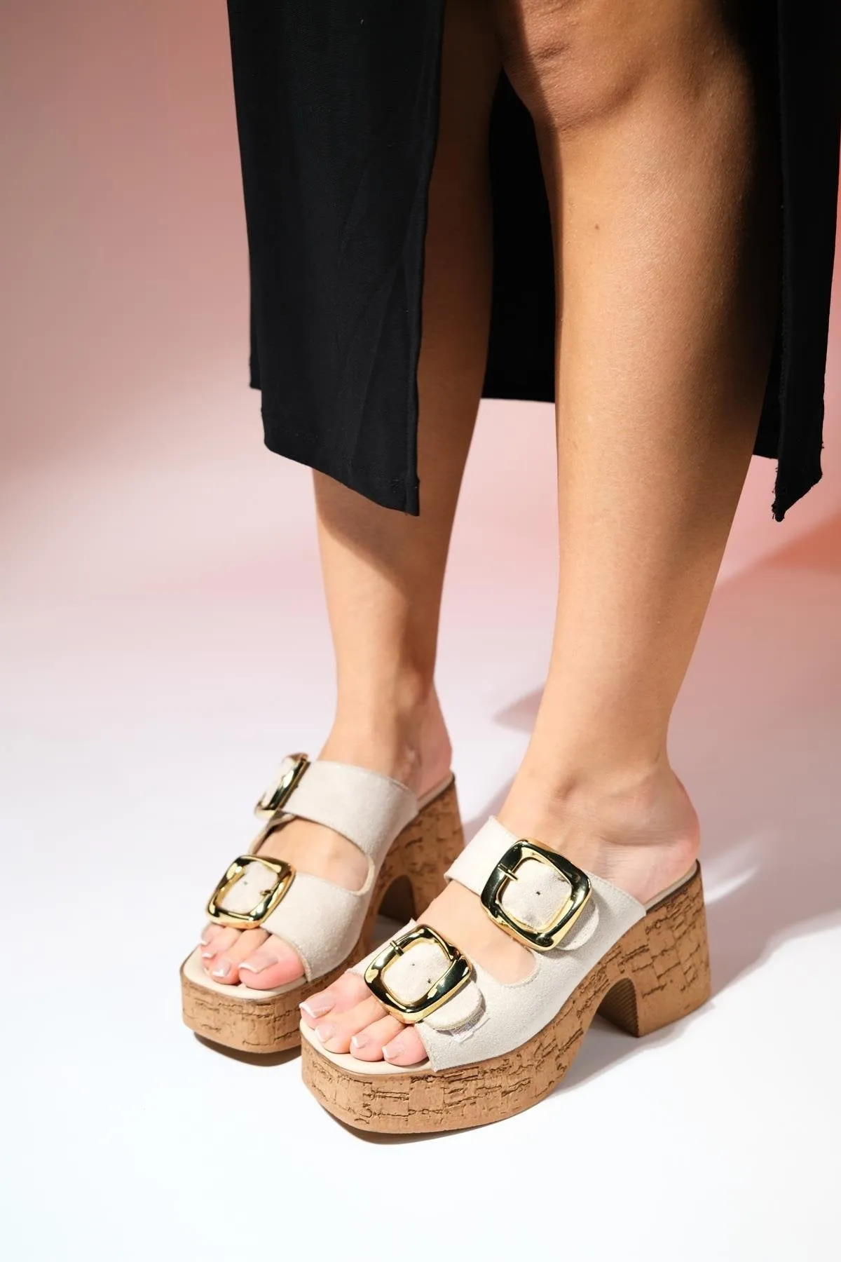 SLAPY Beige Suede Gold Buckle Women's Platform Heeled Slippers