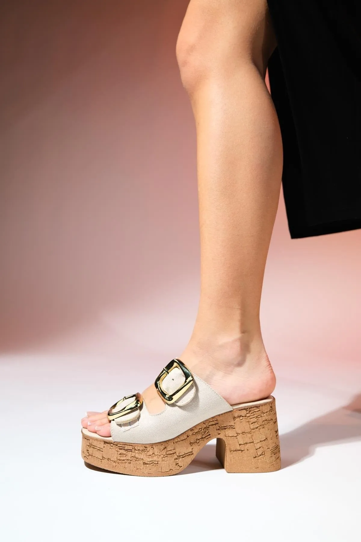 SLAPY Beige Suede Gold Buckle Women's Platform Heeled Slippers