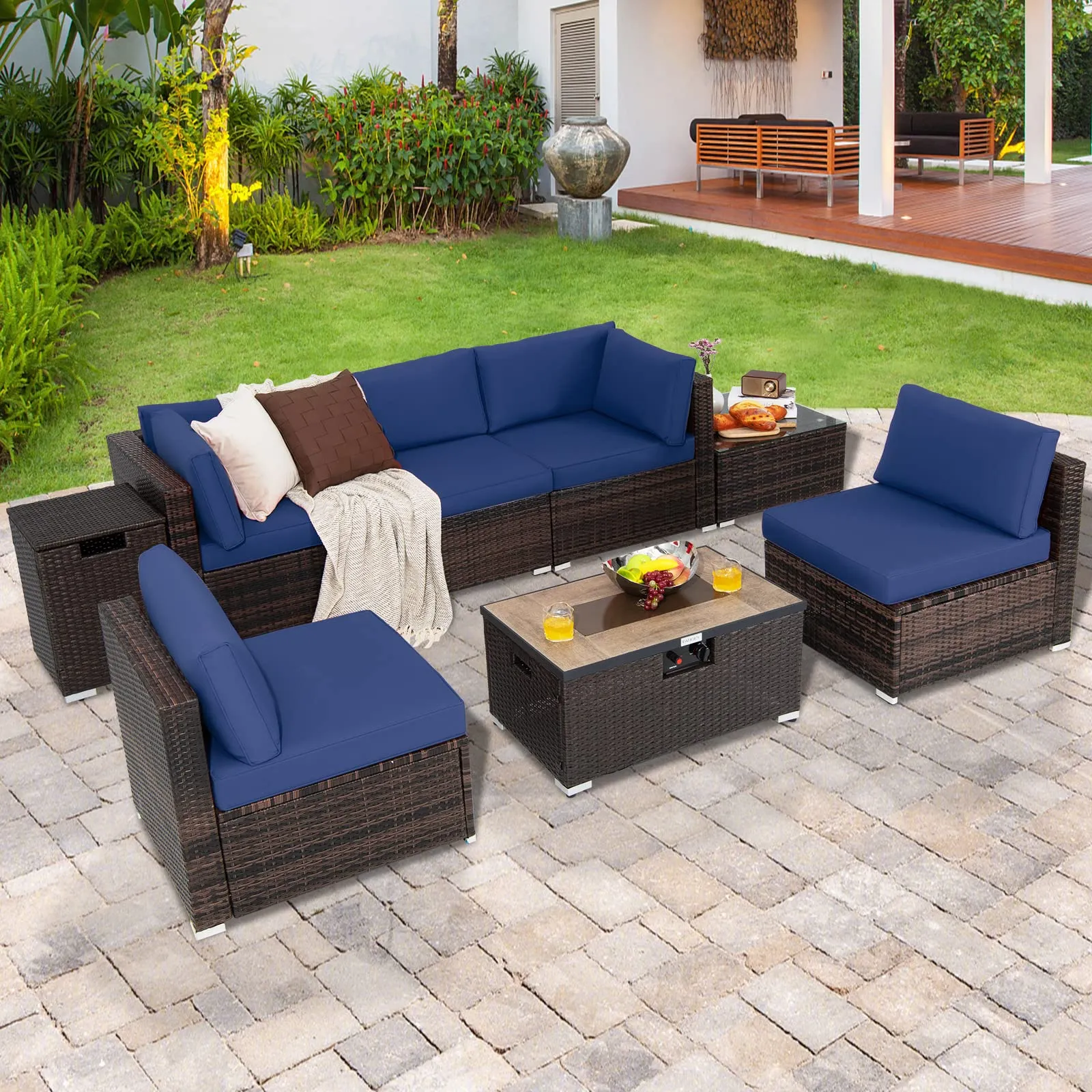 Tangkula 8 Piece Outdoor Wicker Sofa Set, Patio Rattan Conversation Set