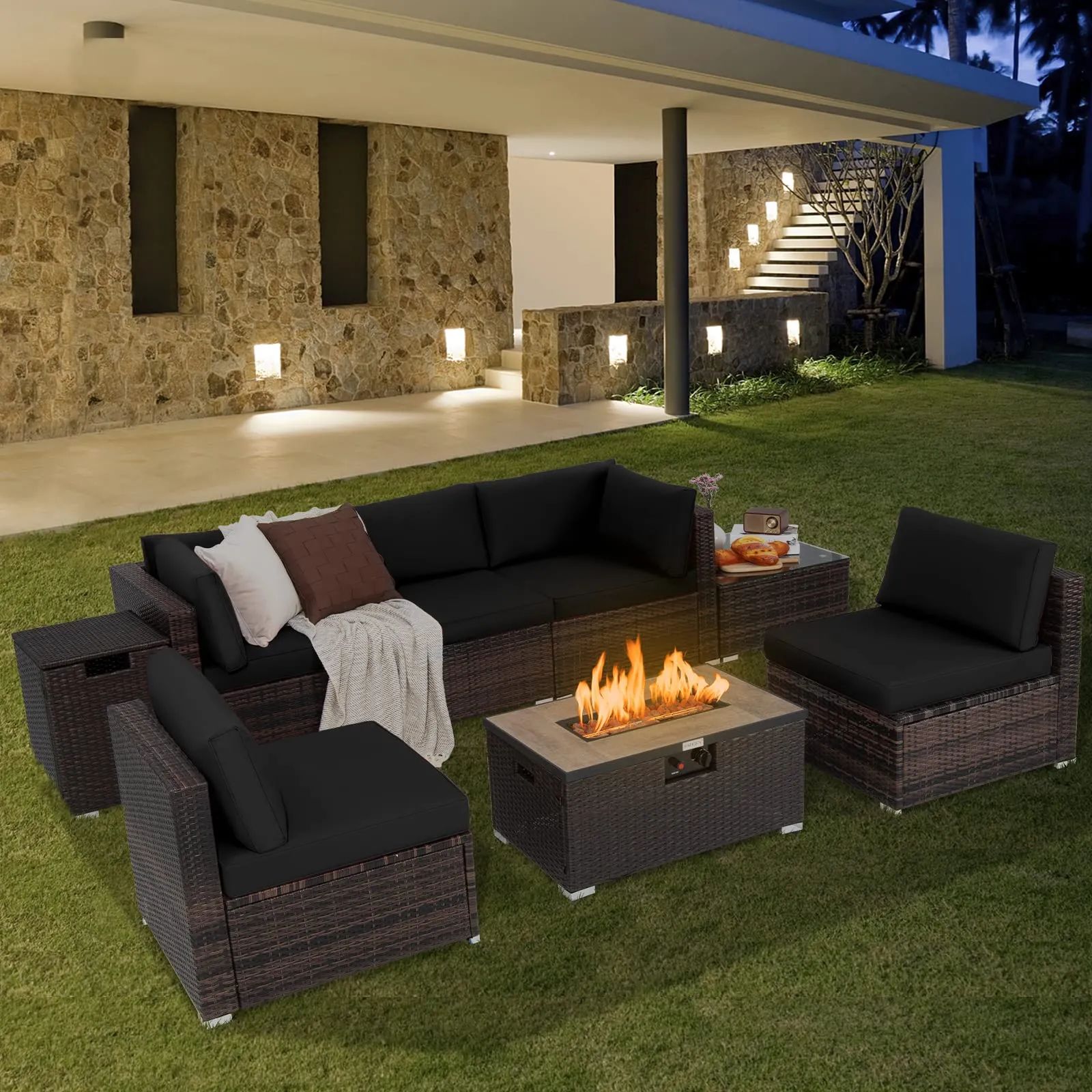Tangkula 8 Piece Outdoor Wicker Sofa Set, Patio Rattan Conversation Set