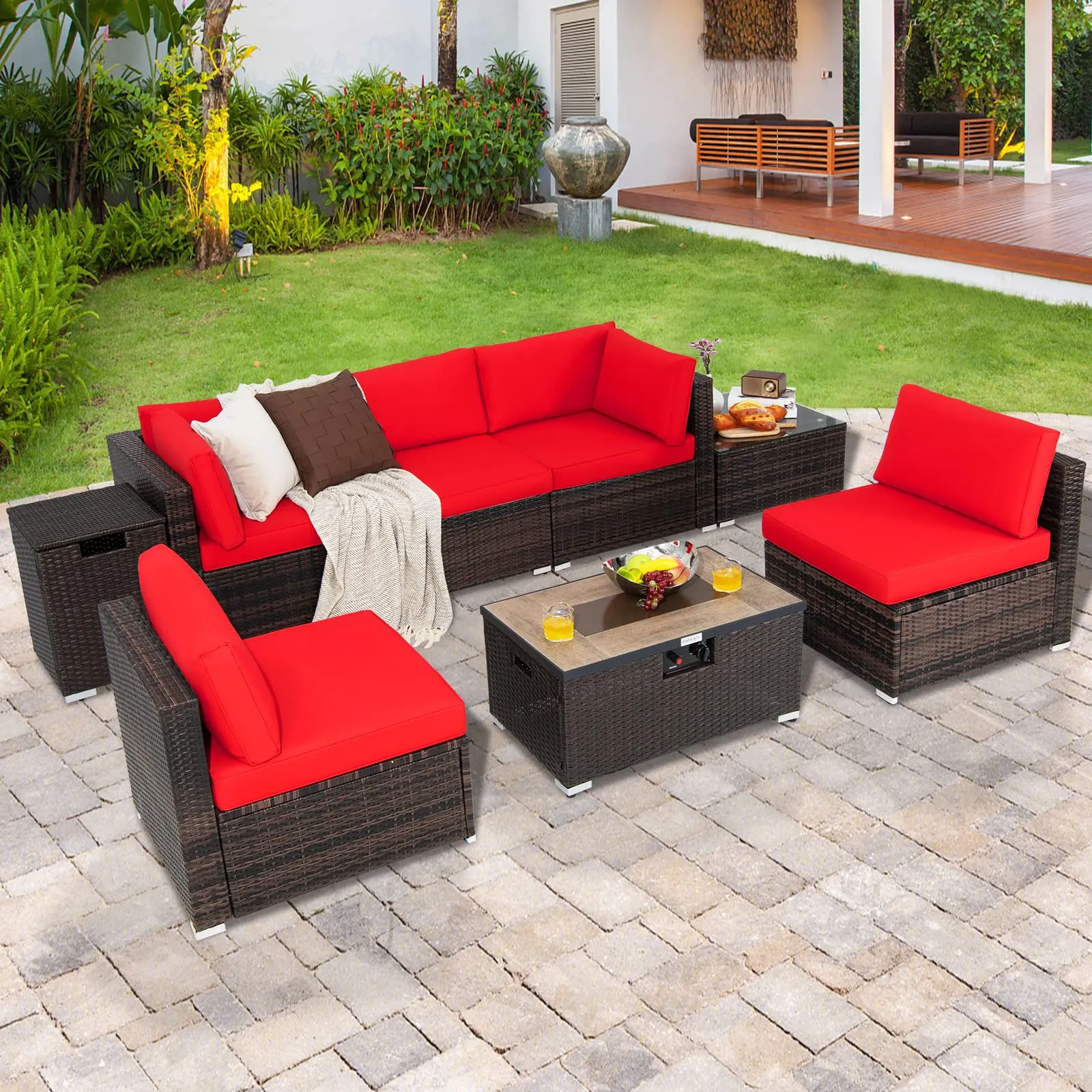 Tangkula 8 Piece Outdoor Wicker Sofa Set, Patio Rattan Conversation Set