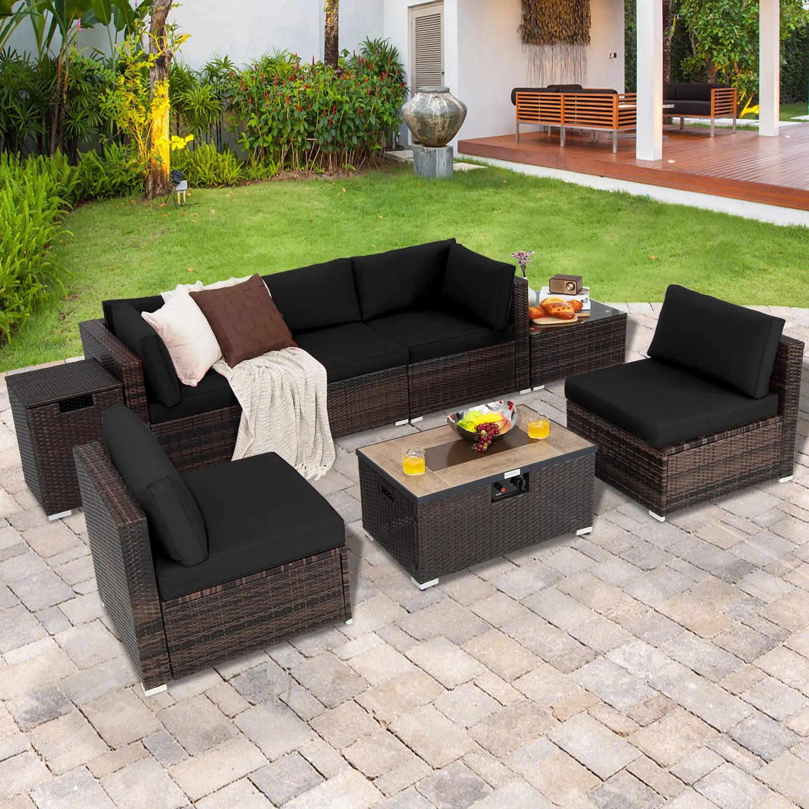 Tangkula 8 Piece Outdoor Wicker Sofa Set, Patio Rattan Conversation Set
