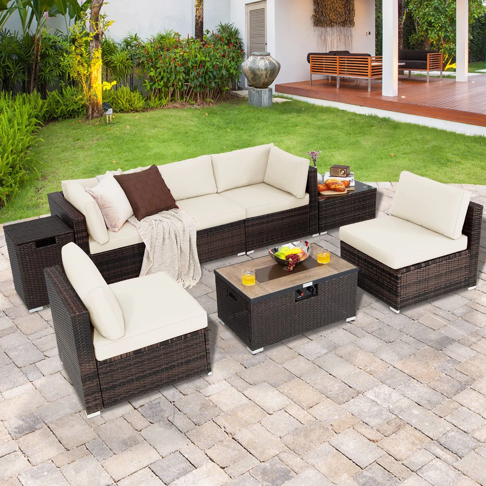 Tangkula 8 Piece Outdoor Wicker Sofa Set, Patio Rattan Conversation Set