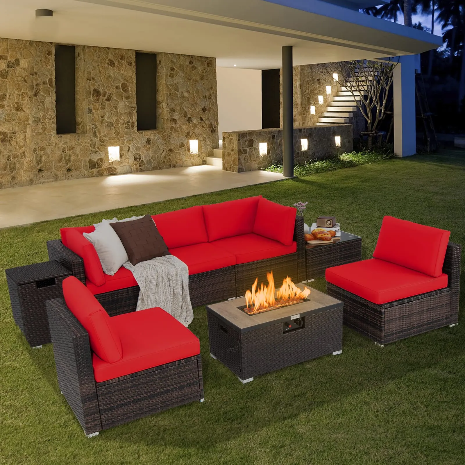 Tangkula 8 Piece Outdoor Wicker Sofa Set, Patio Rattan Conversation Set