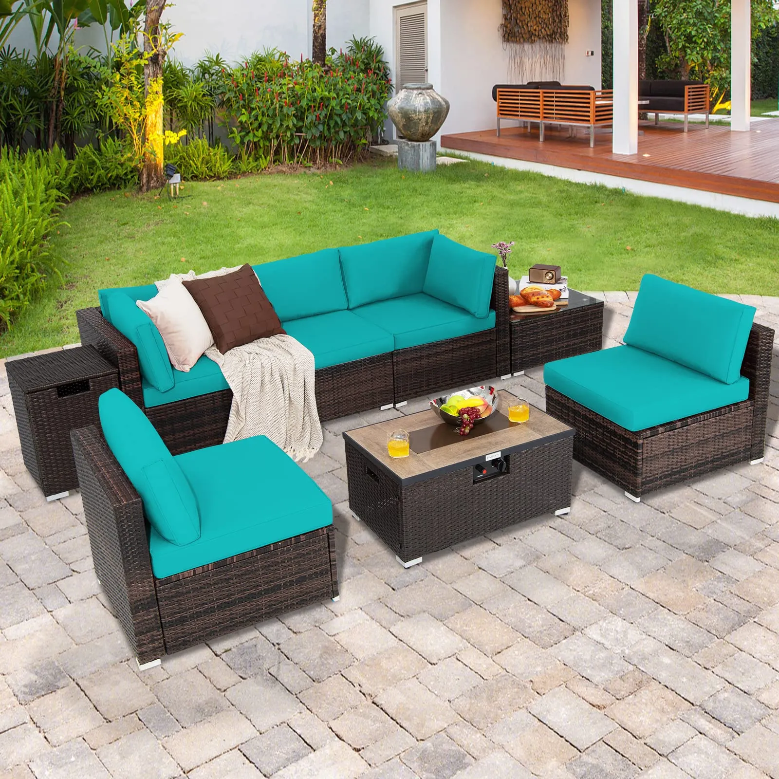 Tangkula 8 Piece Outdoor Wicker Sofa Set, Patio Rattan Conversation Set