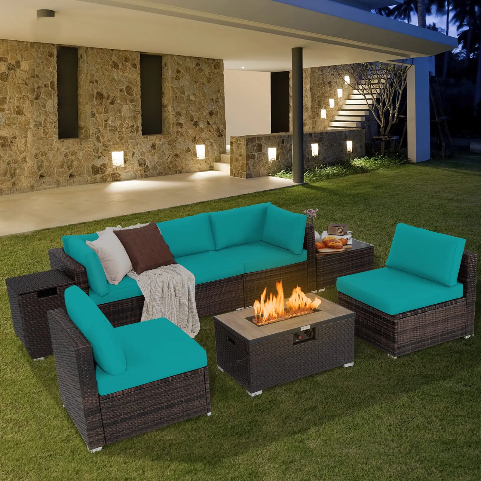 Tangkula 8 Piece Outdoor Wicker Sofa Set, Patio Rattan Conversation Set